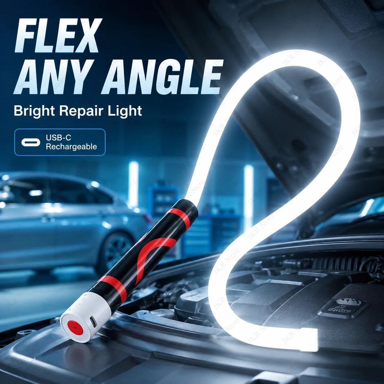 FlexBeam flexible LED work light bent into an S curve over an engine bay, USB-C rechargeable