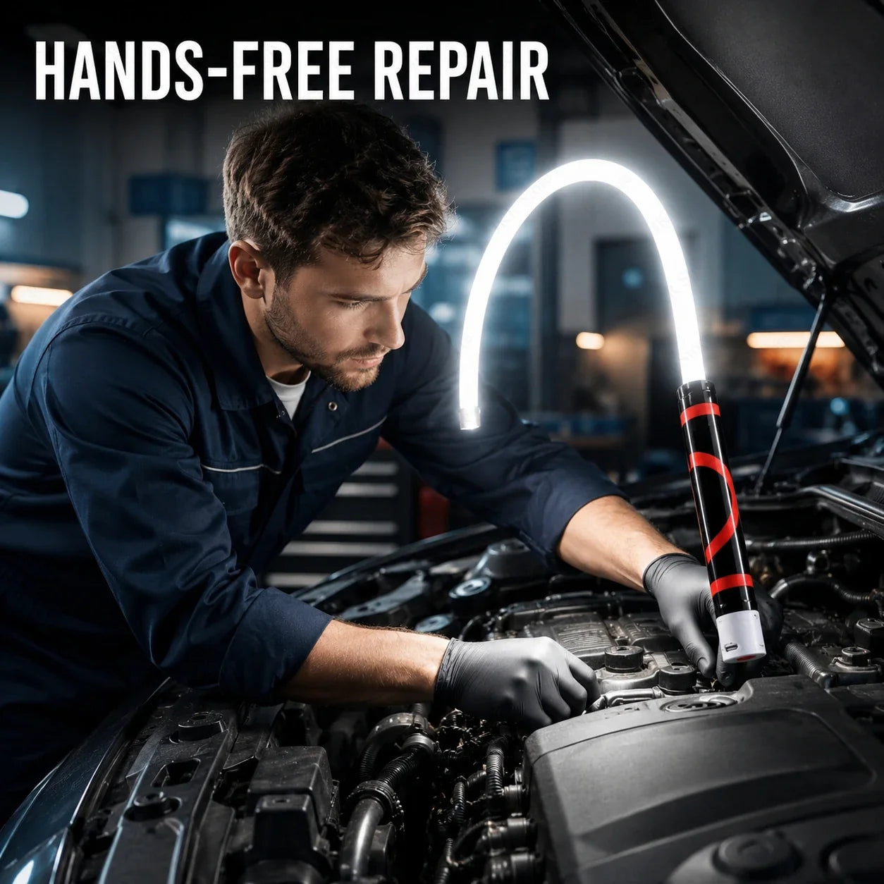 Mechanic working with both hands while FlexBeam lights the engine bay hands-free