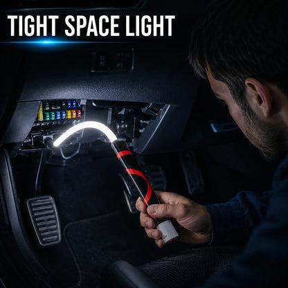 FlexBeam bent into a fuse box under the dash to light a tight space
