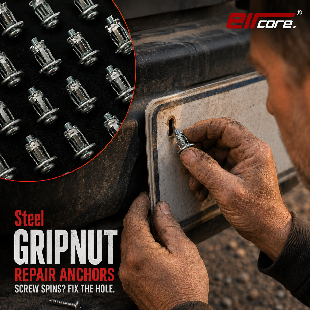 A torn screw hole in a licence plate on a muddy pickup, with a GripNut anchor being fitted into it by hand