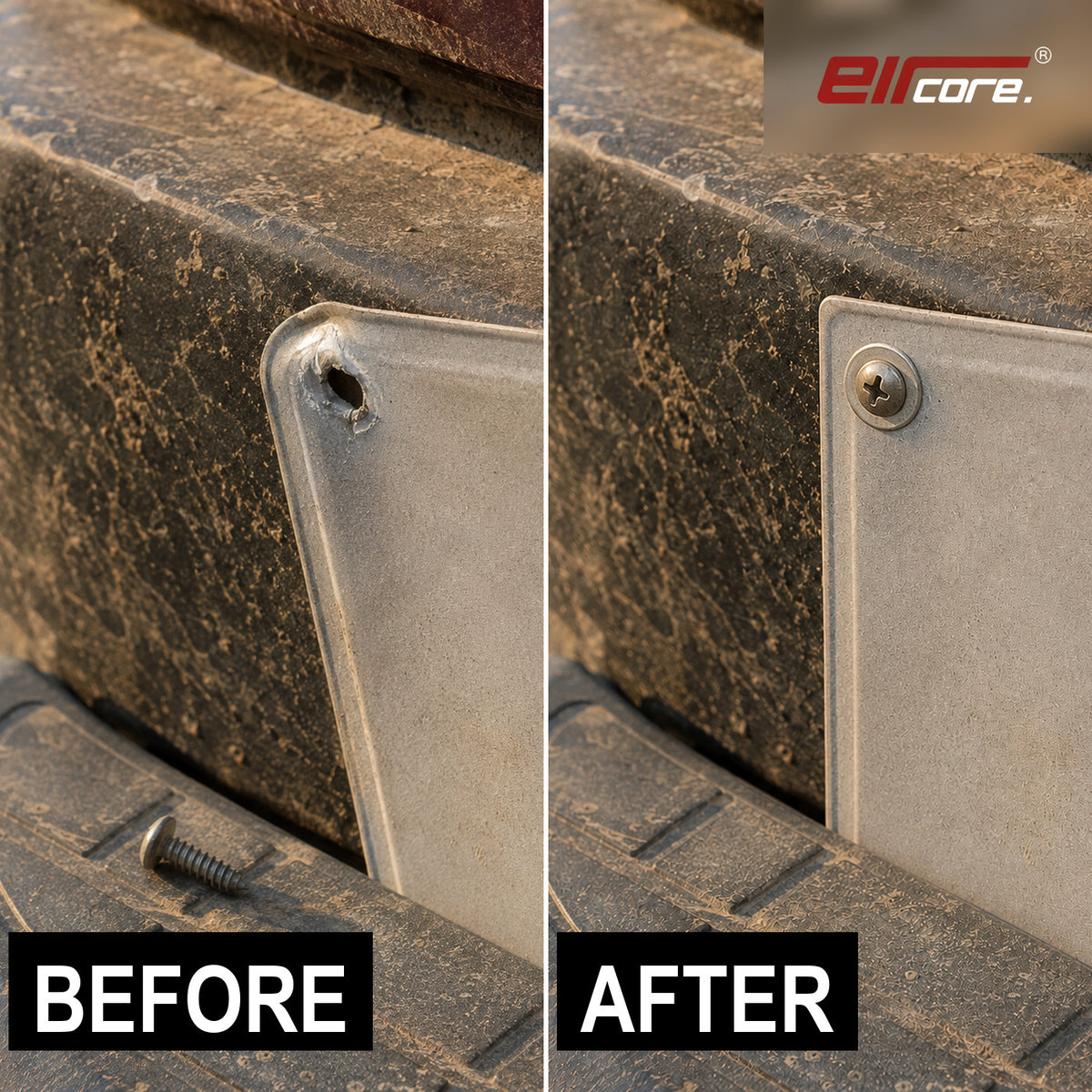 The same plate corner before and after: hanging loose from a torn hole, then pulled flush by a GripNut anchor and screw