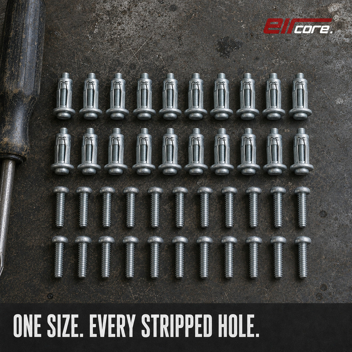 Twenty GripNut anchors and twenty matching M4 screws laid out on a workbench beside a screwdriver