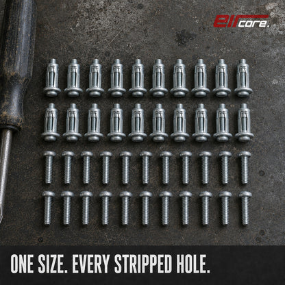 Twenty GripNut anchors and twenty matching M4 screws laid out on a workbench beside a screwdriver