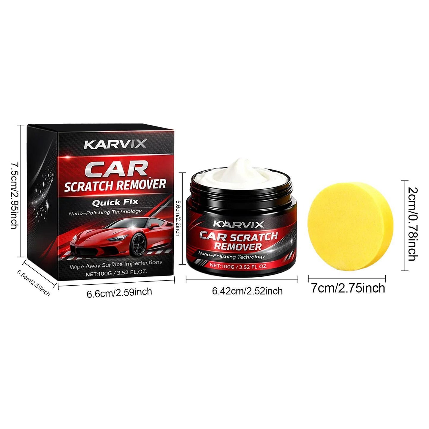 KARVIX Car Scratch Remover kit — 100g jar, box and foam applicator pad