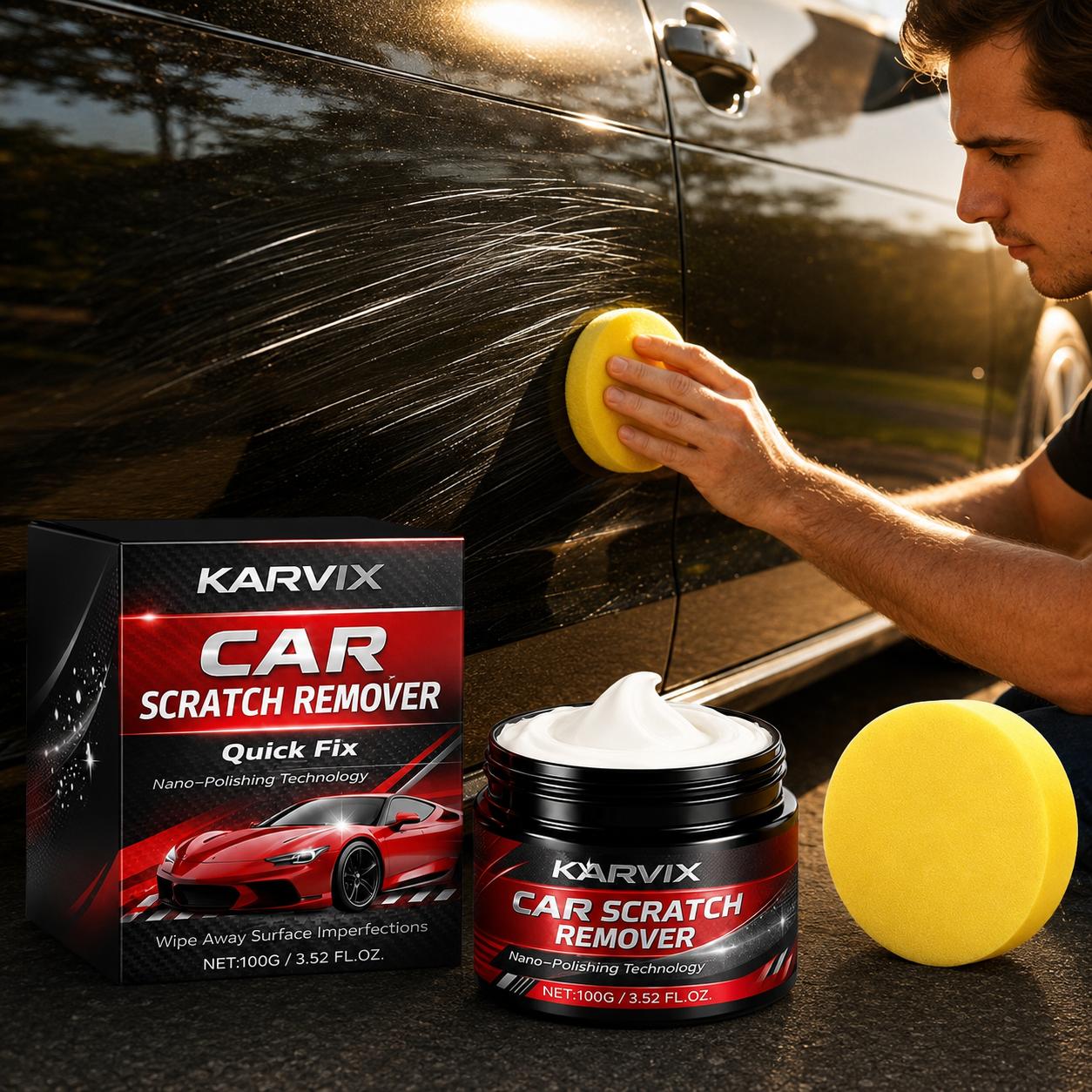 Applying KARVIX scratch remover to a car panel with the foam applicator