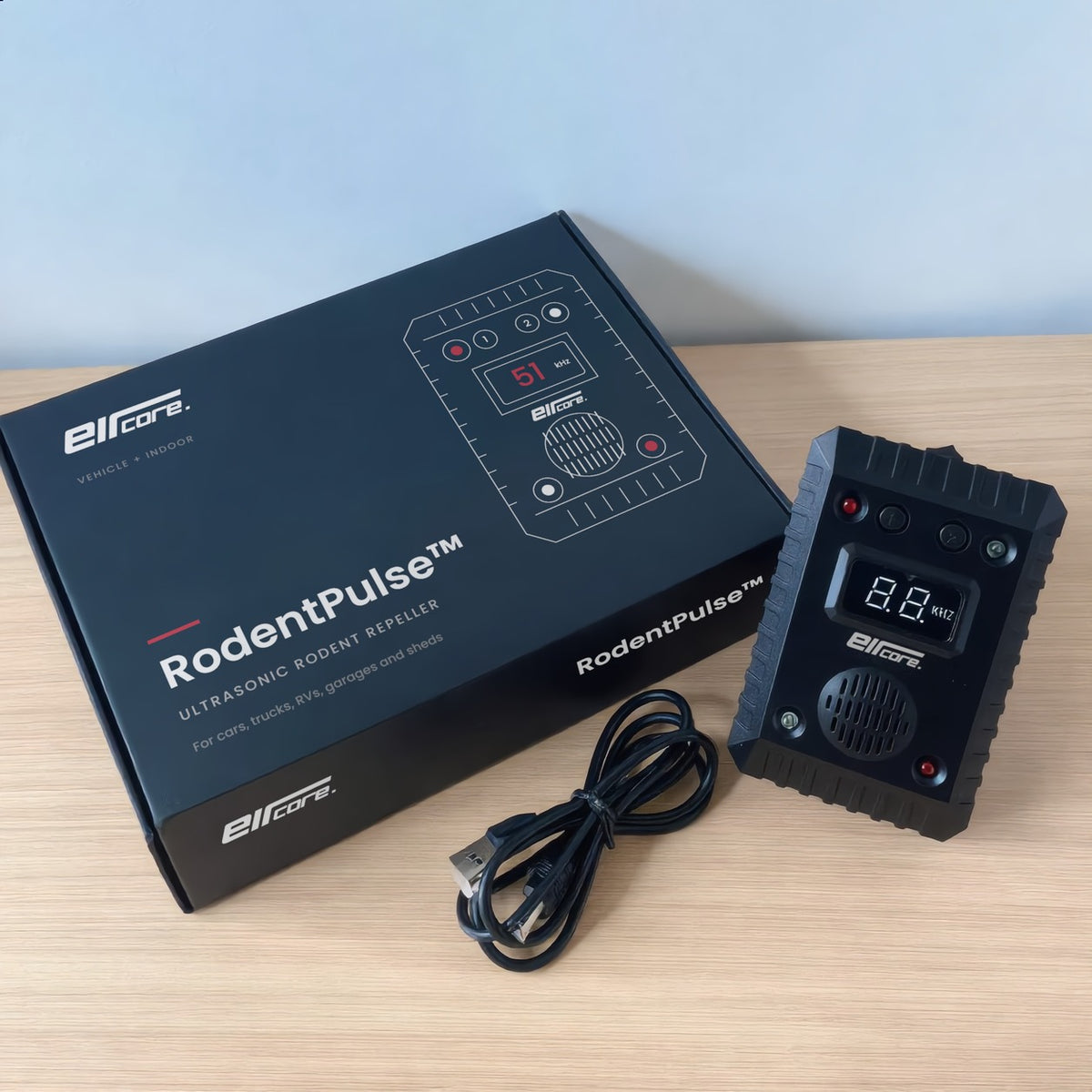 RodentPulse ultrasonic rodent repeller next to its EirCore box