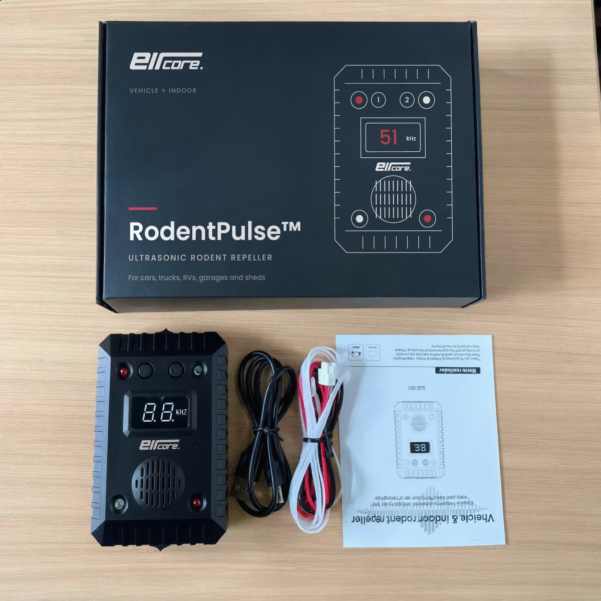 RodentPulse unit with its EirCore box, vehicle cable (12V/24V), USB power cable, cable ties and user manual