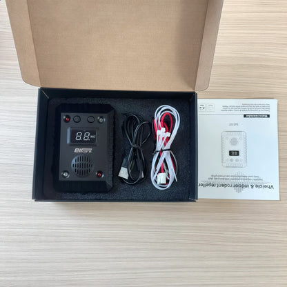 Open EirCore box: RodentPulse unit in a foam insert with its cables, cable ties and user manual