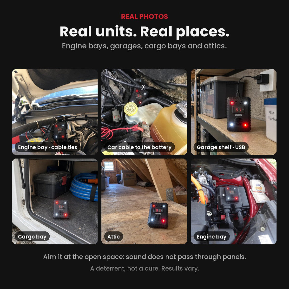 Real photos of the RodentPulse unit mounted in engine bays, on a garage shelf on USB power, in a cargo bay and in an attic