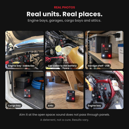 Real photos of the RodentPulse unit mounted in engine bays, on a garage shelf on USB power, in a cargo bay and in an attic