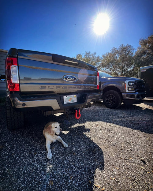 Shackle hitch receiver fitted into the rear 2 inch receiver of a pickup truck