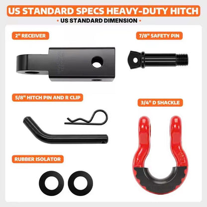 What is in the box: 2 inch receiver, 3/4 inch D-ring shackle, 7/8 inch safety pin, 5/8 inch hitch pin with R-clip, and two rubber isolators