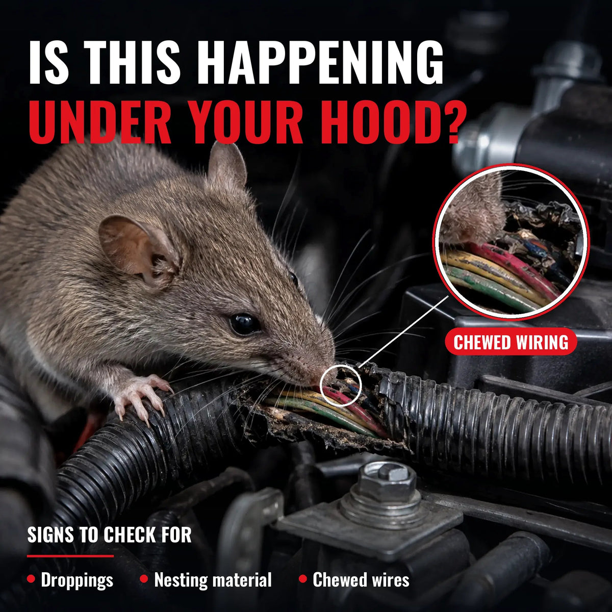 Signs of rodents under the hood: droppings, nesting material and chewed wiring