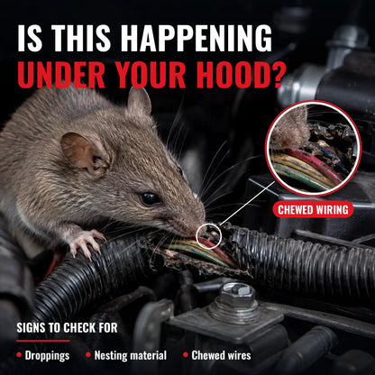 Signs of rodents under the hood: droppings, nesting material and chewed wiring