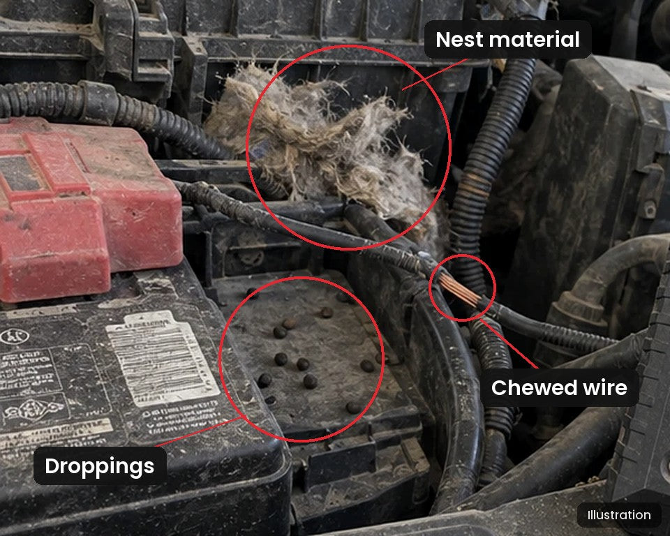 Illustration of signs of mice in a pickup engine bay: nest material beside the air box, droppings in the battery tray, a chewed wire